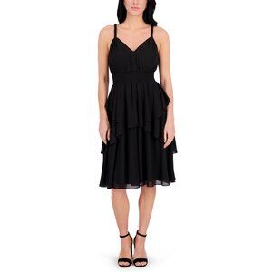 SIENA Black Sleeveless V-Neck Souflee Crepe Tiered Knee Length Dress Sz 12 - NWT